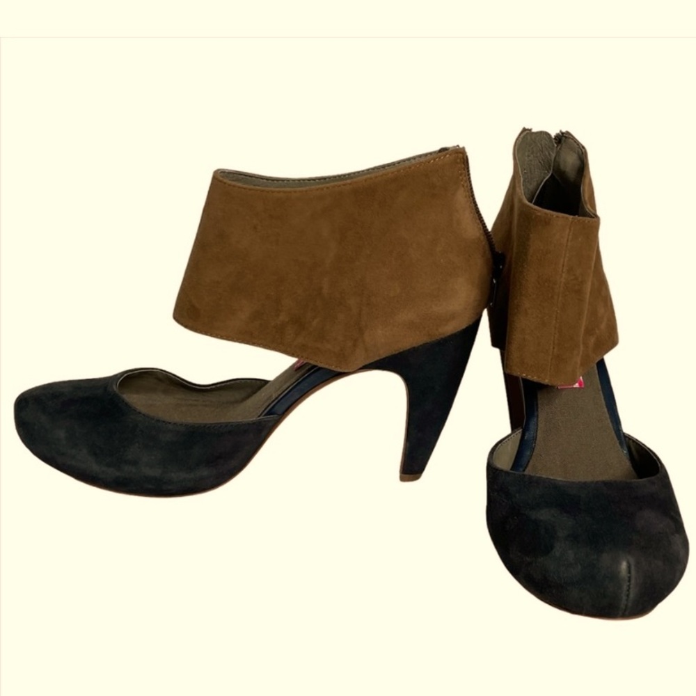 Tan & Black Heels 4" Anthropologie pink Studio Courtney leather suede Colorblock